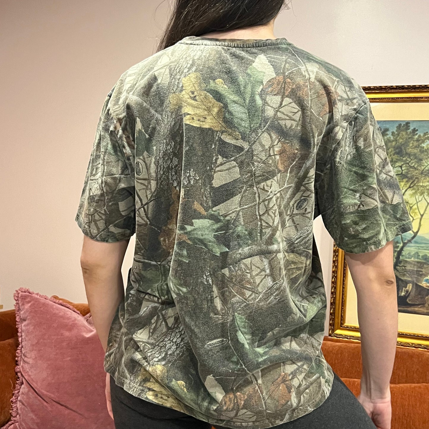 DUMP YOUR REPUBLICAN BOYFRIEND camo t-shirt with orange text (L)