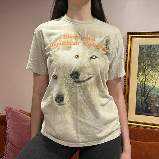 DUMP YOUR REPUBLICAN BOYFRIEND animal t-shirt with orange text (S/M)