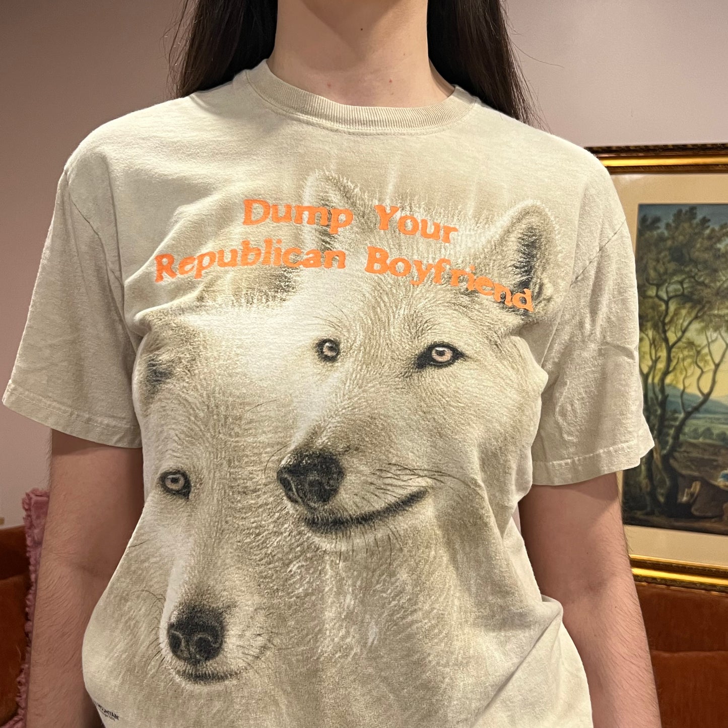 DUMP YOUR REPUBLICAN BOYFRIEND animal t-shirt with orange text (S/M)
