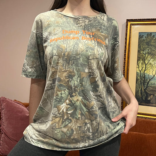 DUMP YOUR REPUBLICAN BOYFRIEND camo t-shirt with orange text (XL)