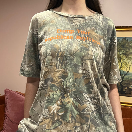 DUMP YOUR REPUBLICAN BOYFRIEND camo t-shirt with orange text (XL)