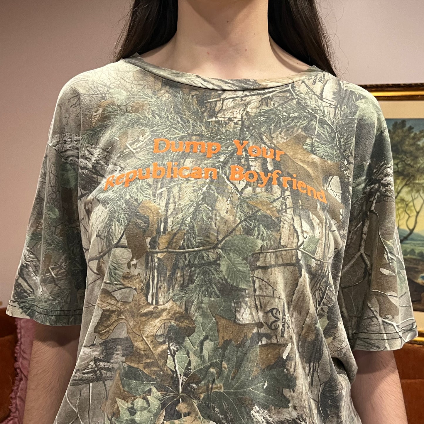 DUMP YOUR REPUBLICAN BOYFRIEND camo t-shirt with orange text (XL)