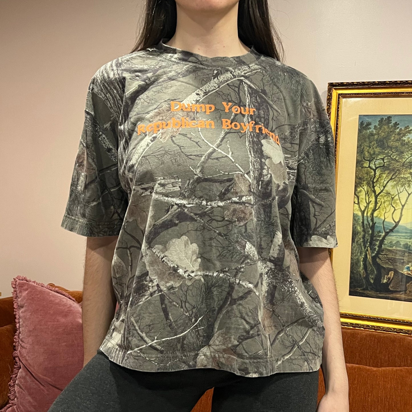 DUMP YOUR REPUBLICAN BOYFRIEND camo t-shirt with orange text (L)