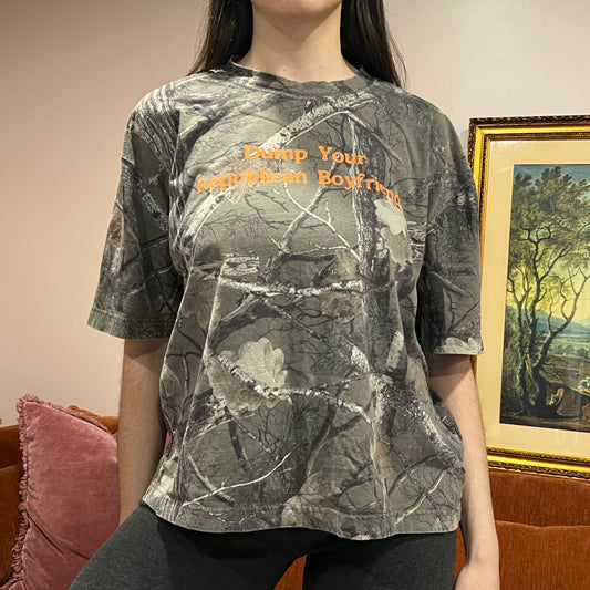 DUMP YOUR REPUBLICAN BOYFRIEND camo t-shirt with orange text (L)