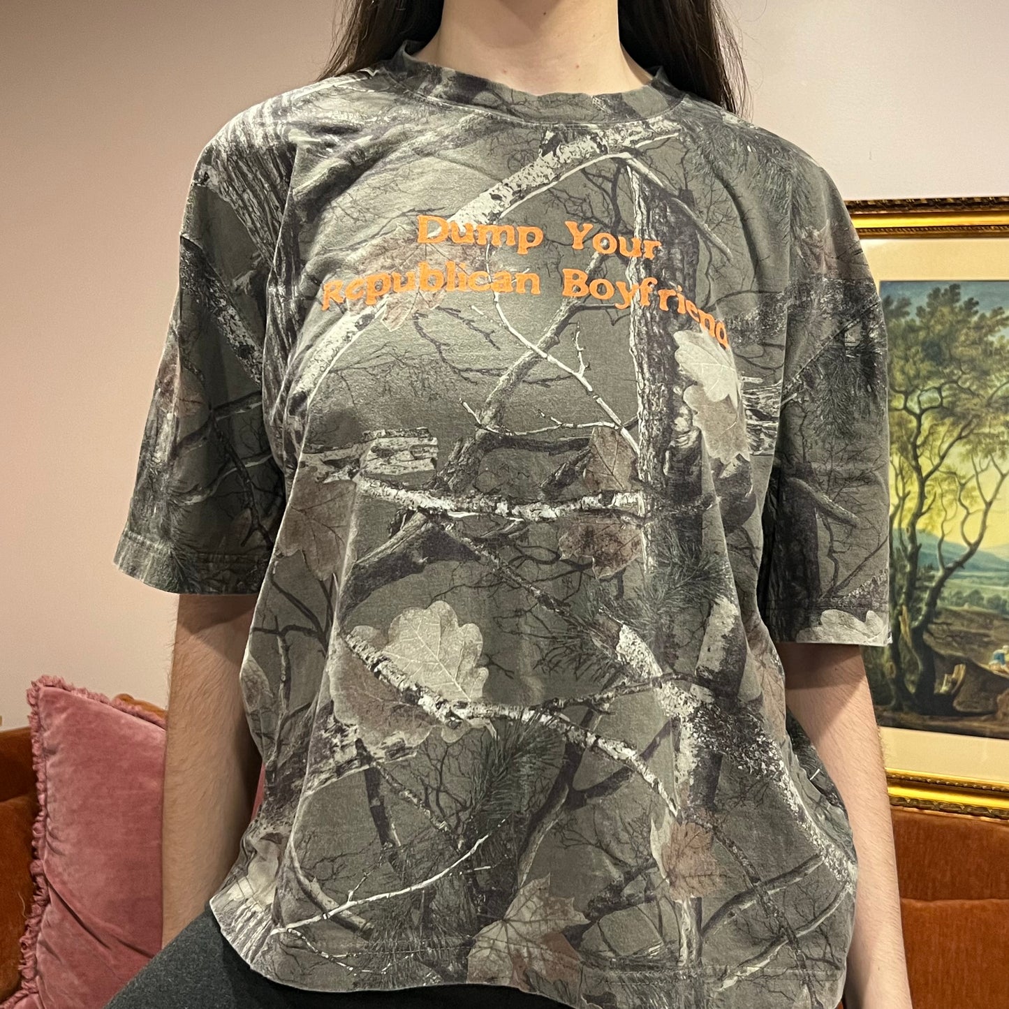 DUMP YOUR REPUBLICAN BOYFRIEND camo t-shirt with orange text (L)