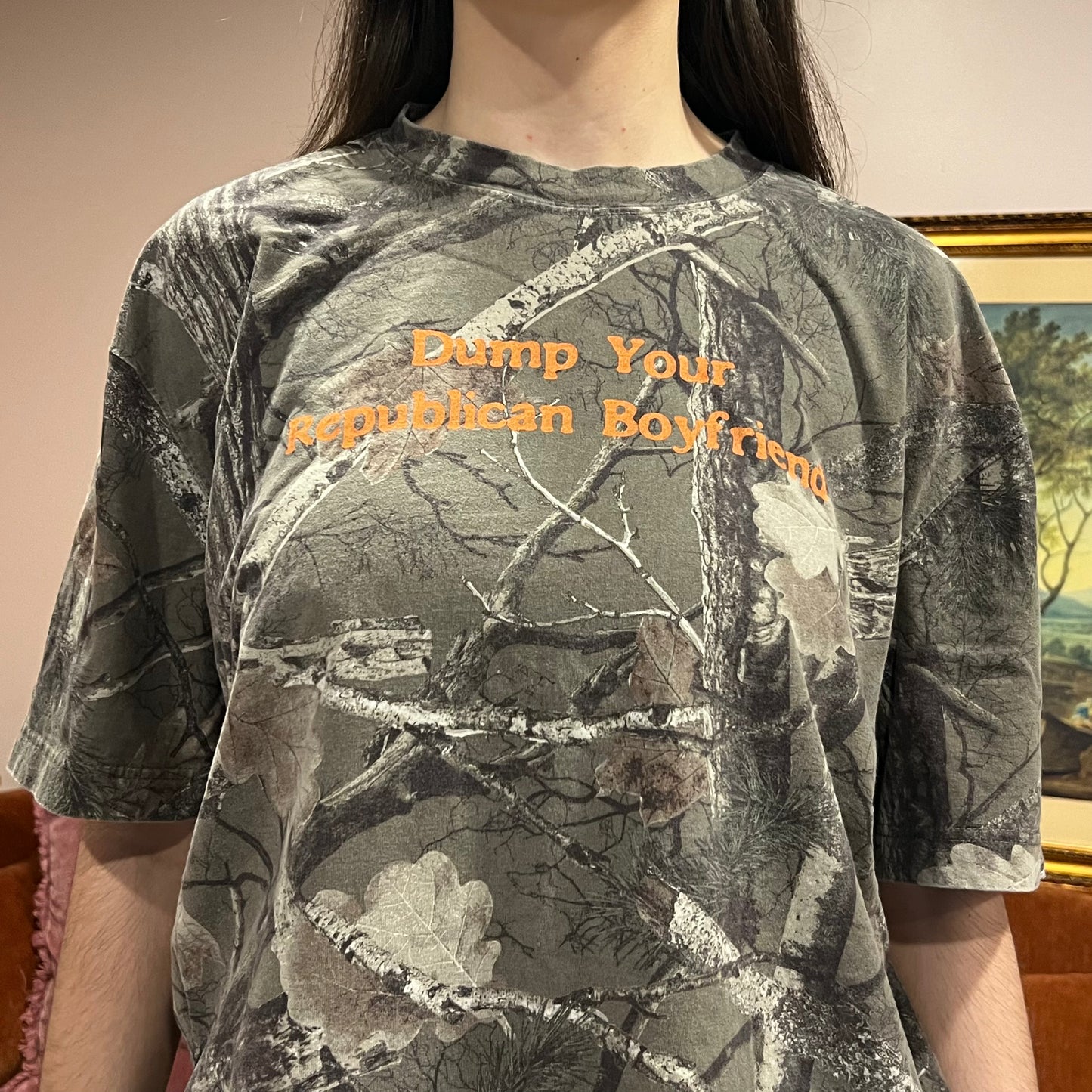 DUMP YOUR REPUBLICAN BOYFRIEND camo t-shirt with orange text (L)