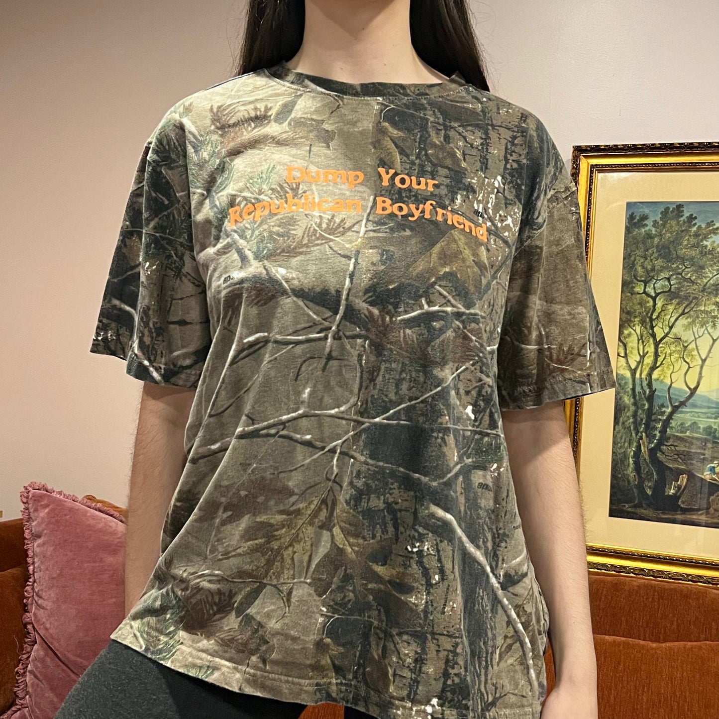DUMP YOUR REPUBLICAN BOYFRIEND camo t-shirt with orange text (XL)