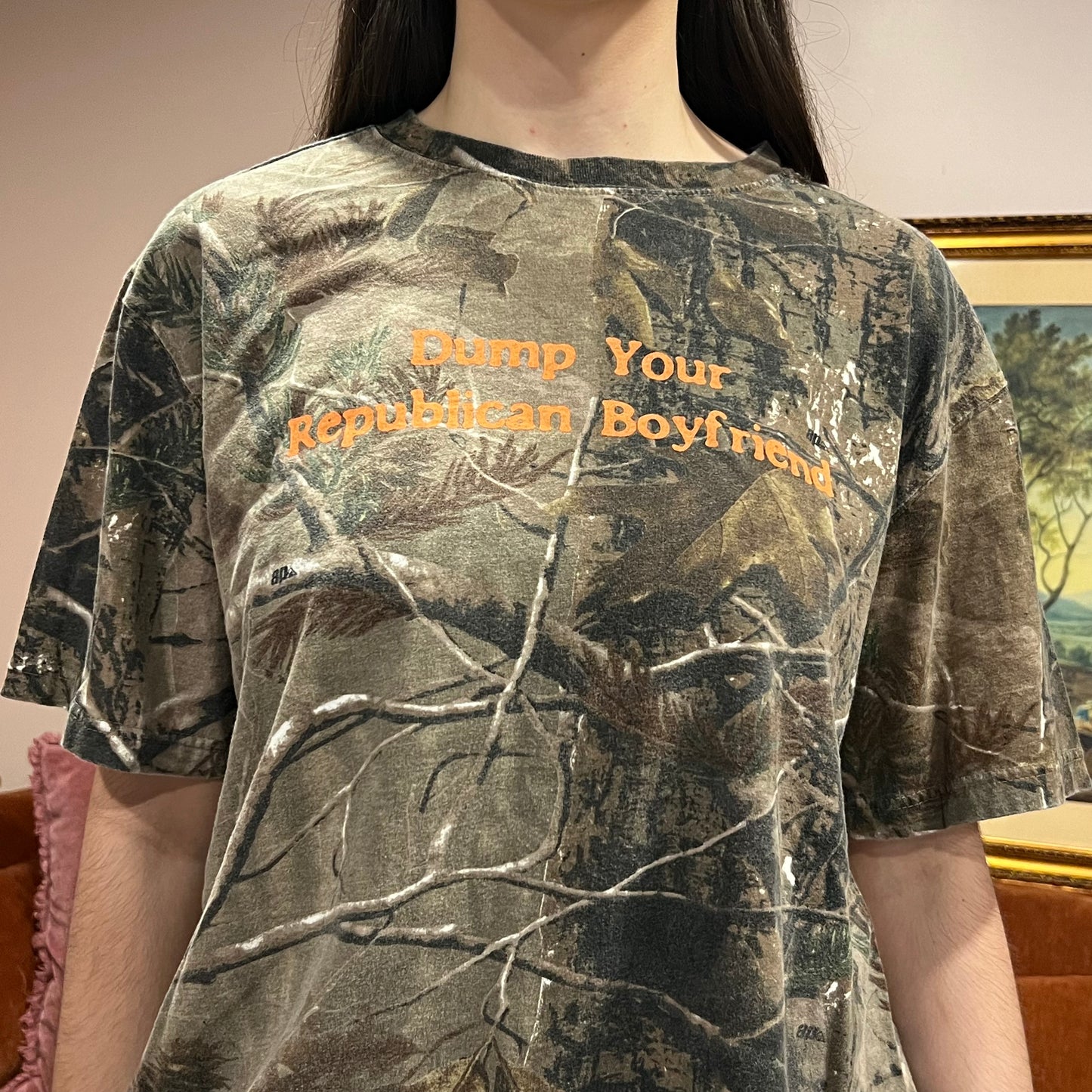 DUMP YOUR REPUBLICAN BOYFRIEND camo t-shirt with orange text (XL)