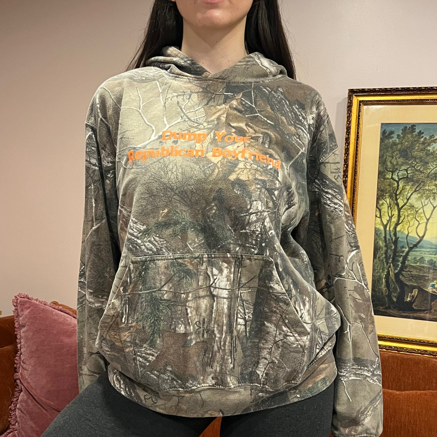 DUMP YOUR REPUBLICAN BOYFRIEND camo hoodie with orange text (XL)