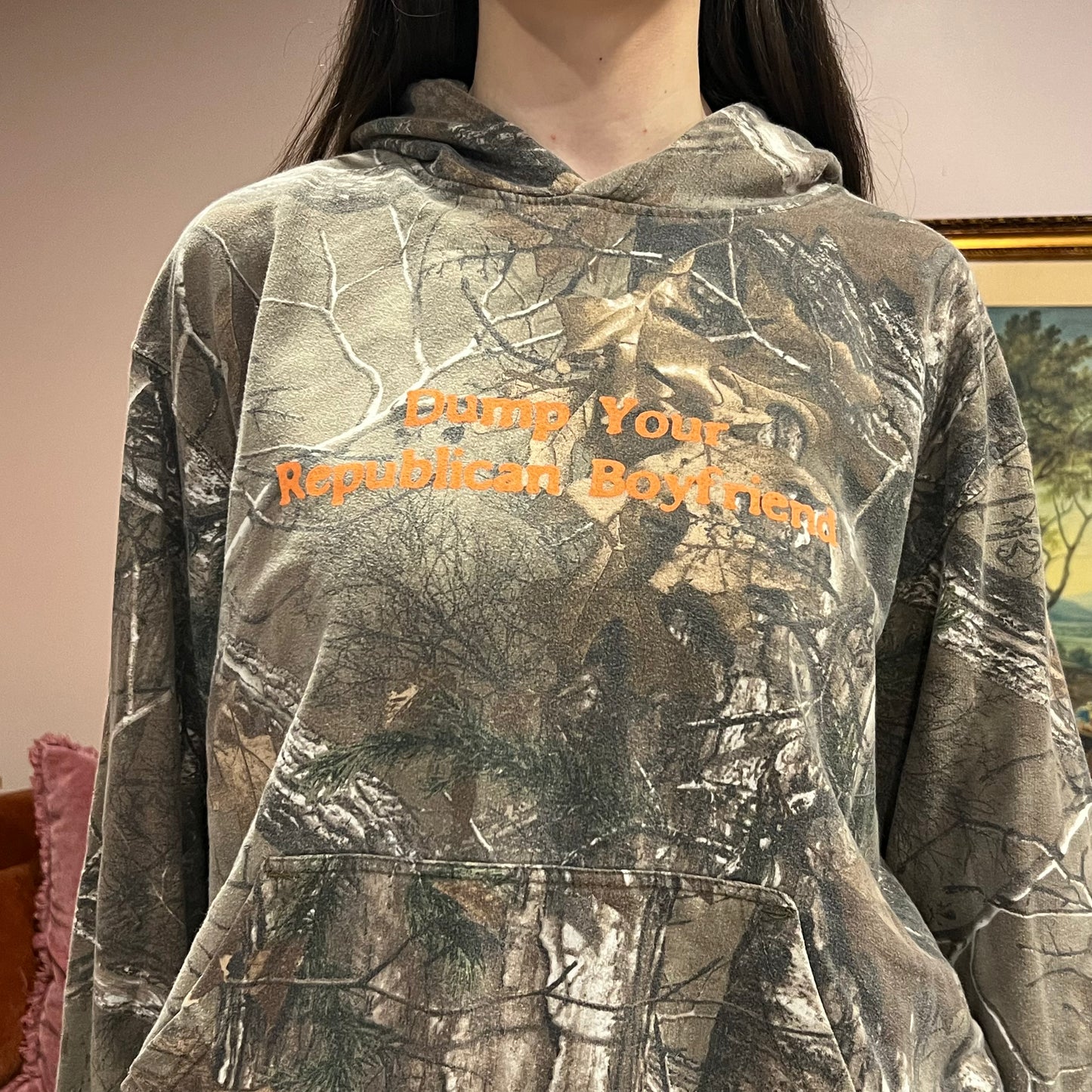 DUMP YOUR REPUBLICAN BOYFRIEND camo hoodie with orange text (XL)