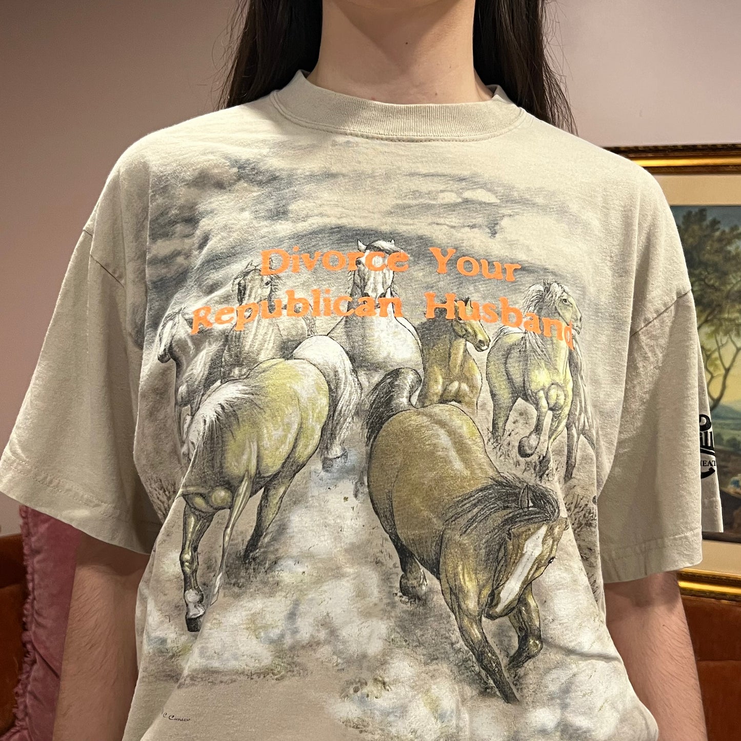 DIVORCE YOUR REPUBLICAN HUSBAND animal t-shirt with orange text (L/XL)