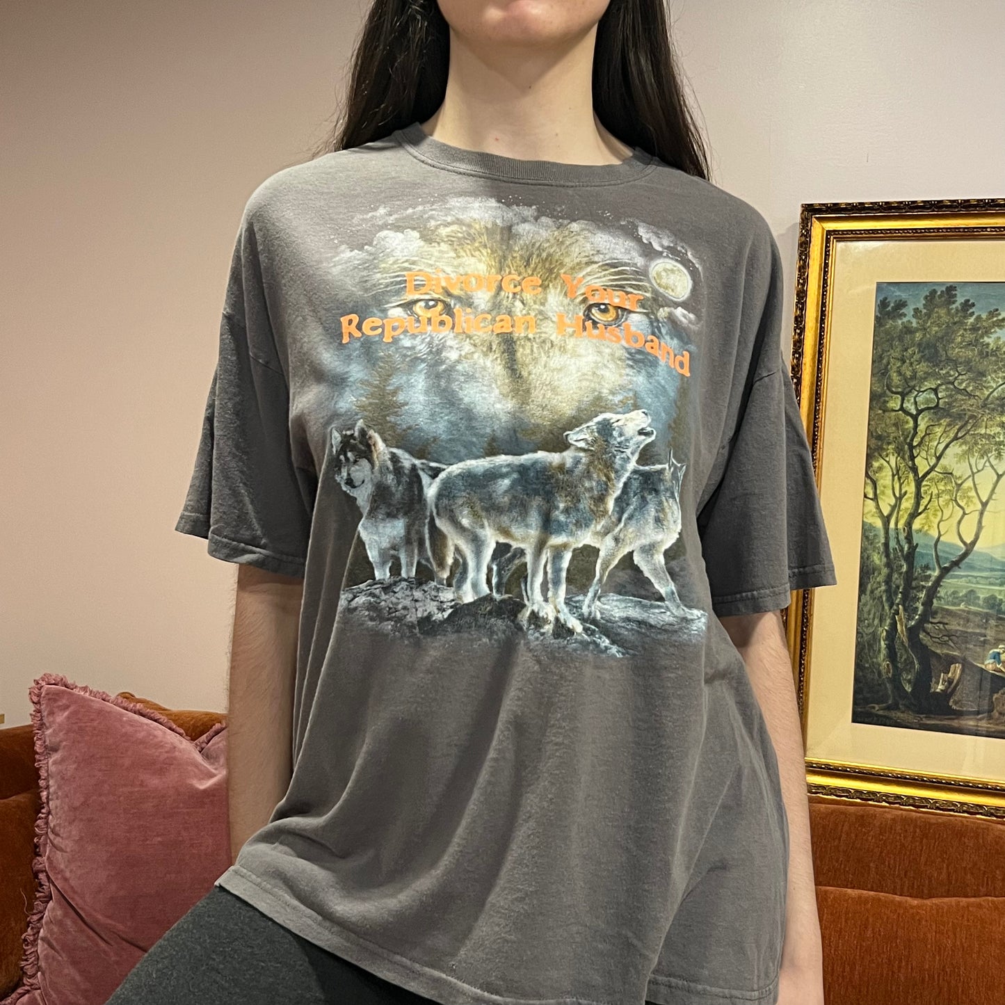 DIVORCE YOUR REPUBLICAN HUSBAND animal t-shirt with orange text (XL)