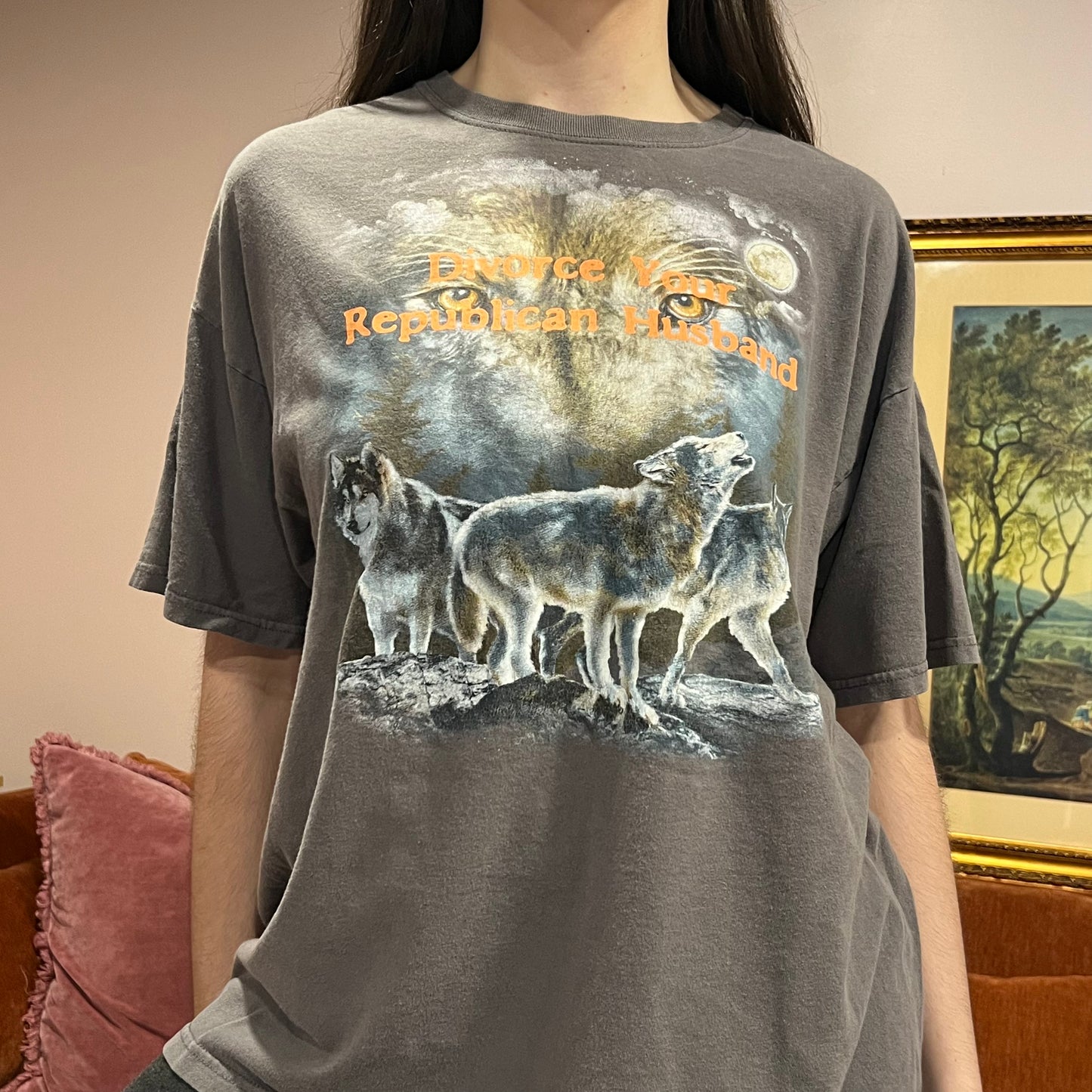 DIVORCE YOUR REPUBLICAN HUSBAND animal t-shirt with orange text (XL)