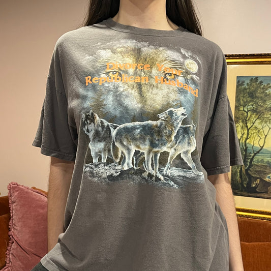 DIVORCE YOUR REPUBLICAN HUSBAND animal t-shirt with orange text (XL)