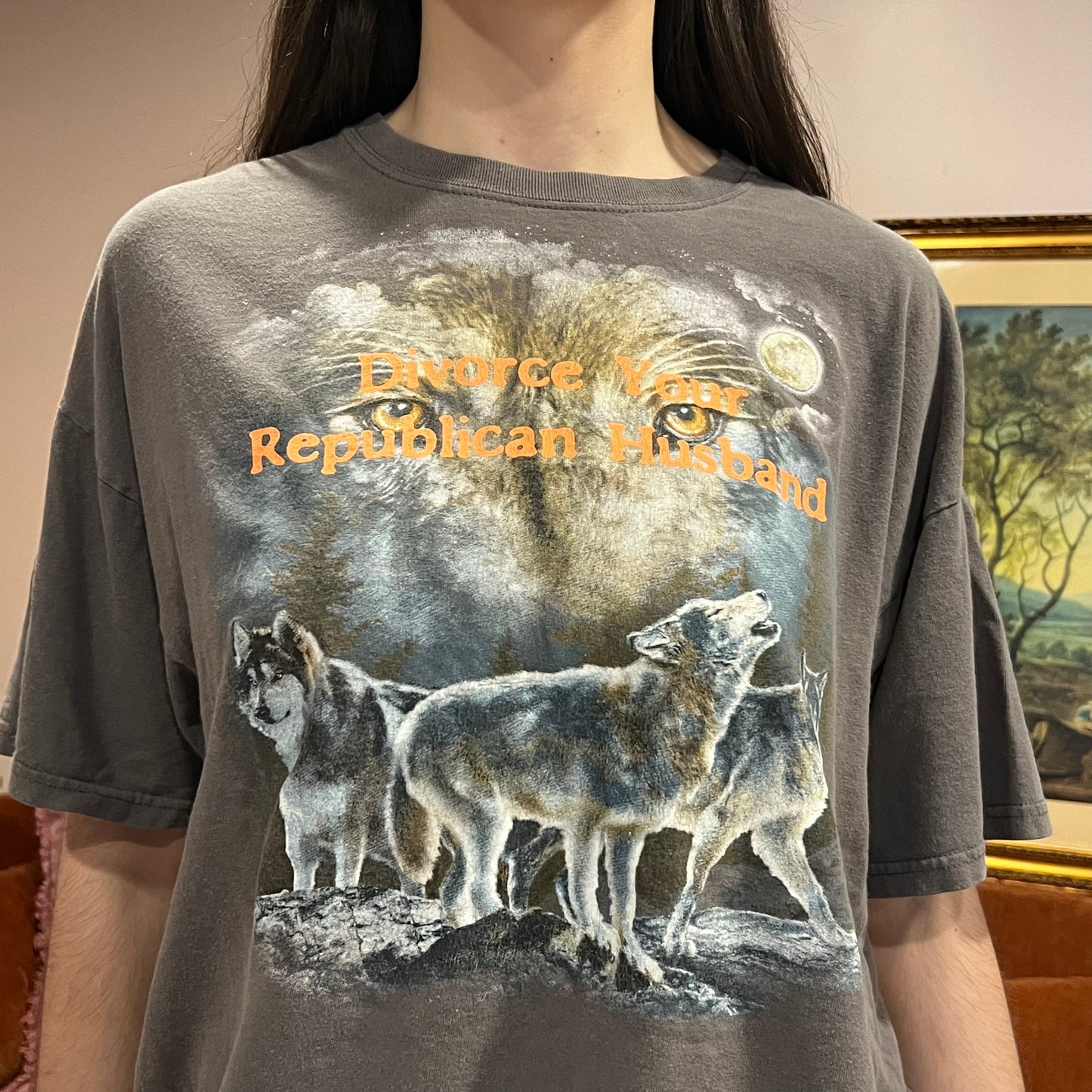 DIVORCE YOUR REPUBLICAN HUSBAND animal t-shirt with orange text (XL)