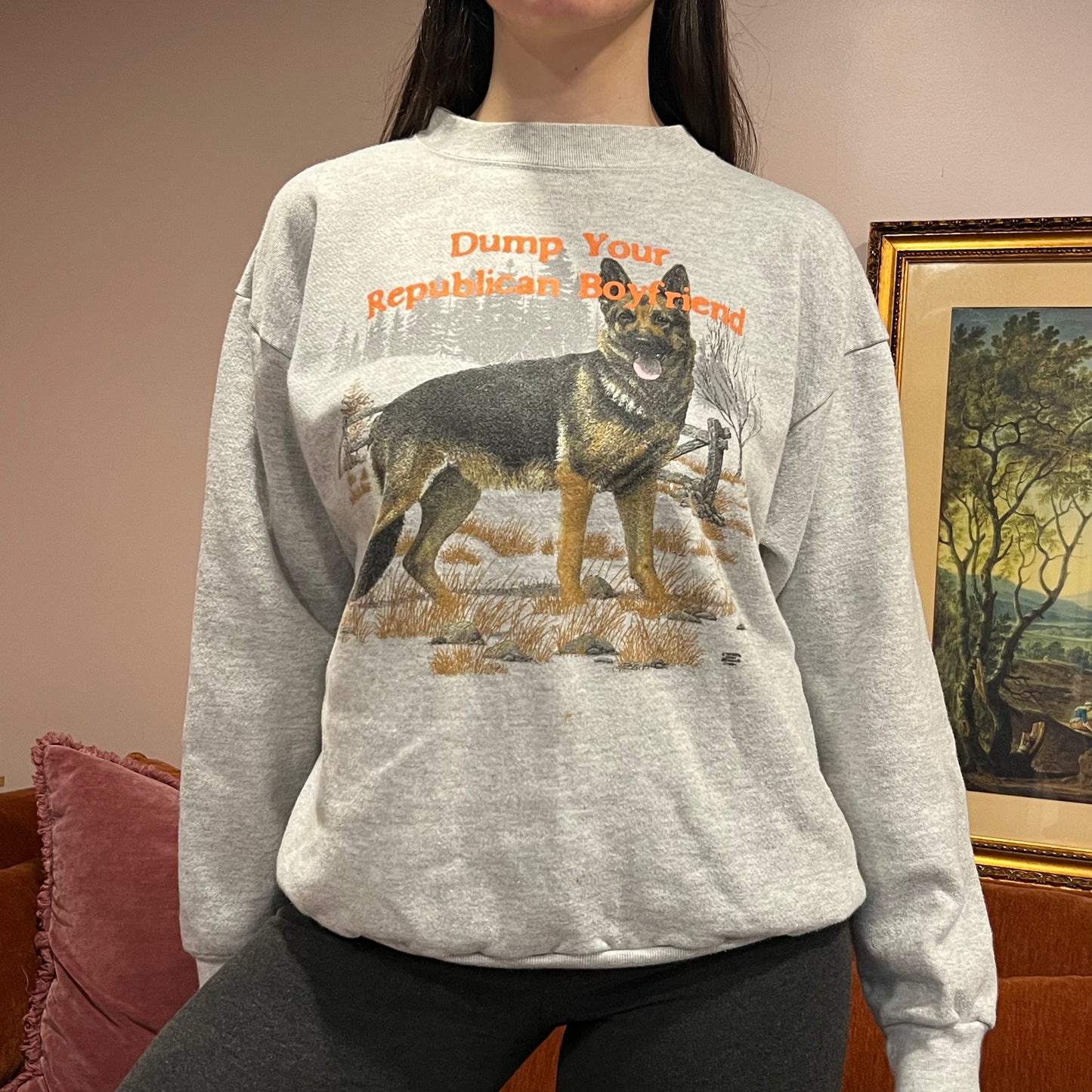 DUMP YOUR REPUBLICAN BOYFRIEND animal crewneck with orange text (L)