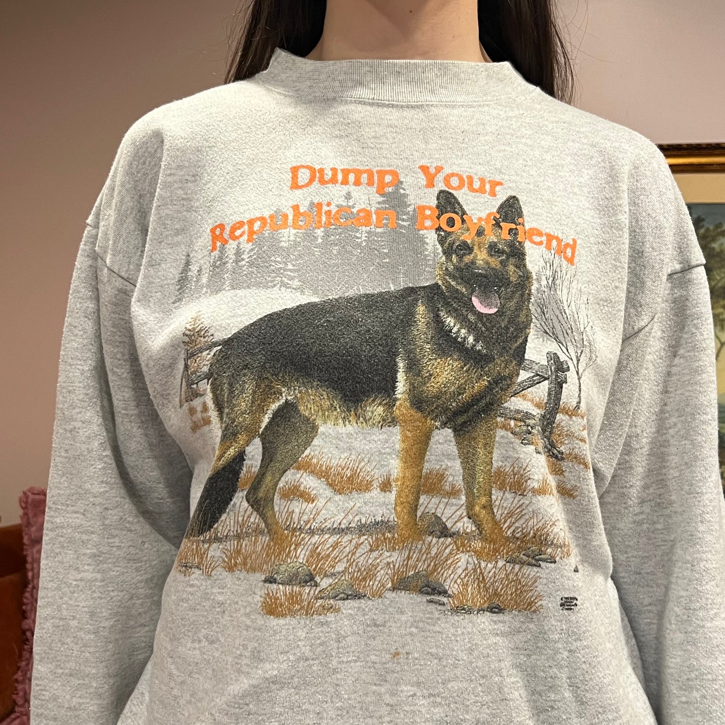 DUMP YOUR REPUBLICAN BOYFRIEND animal crewneck with orange text (L)