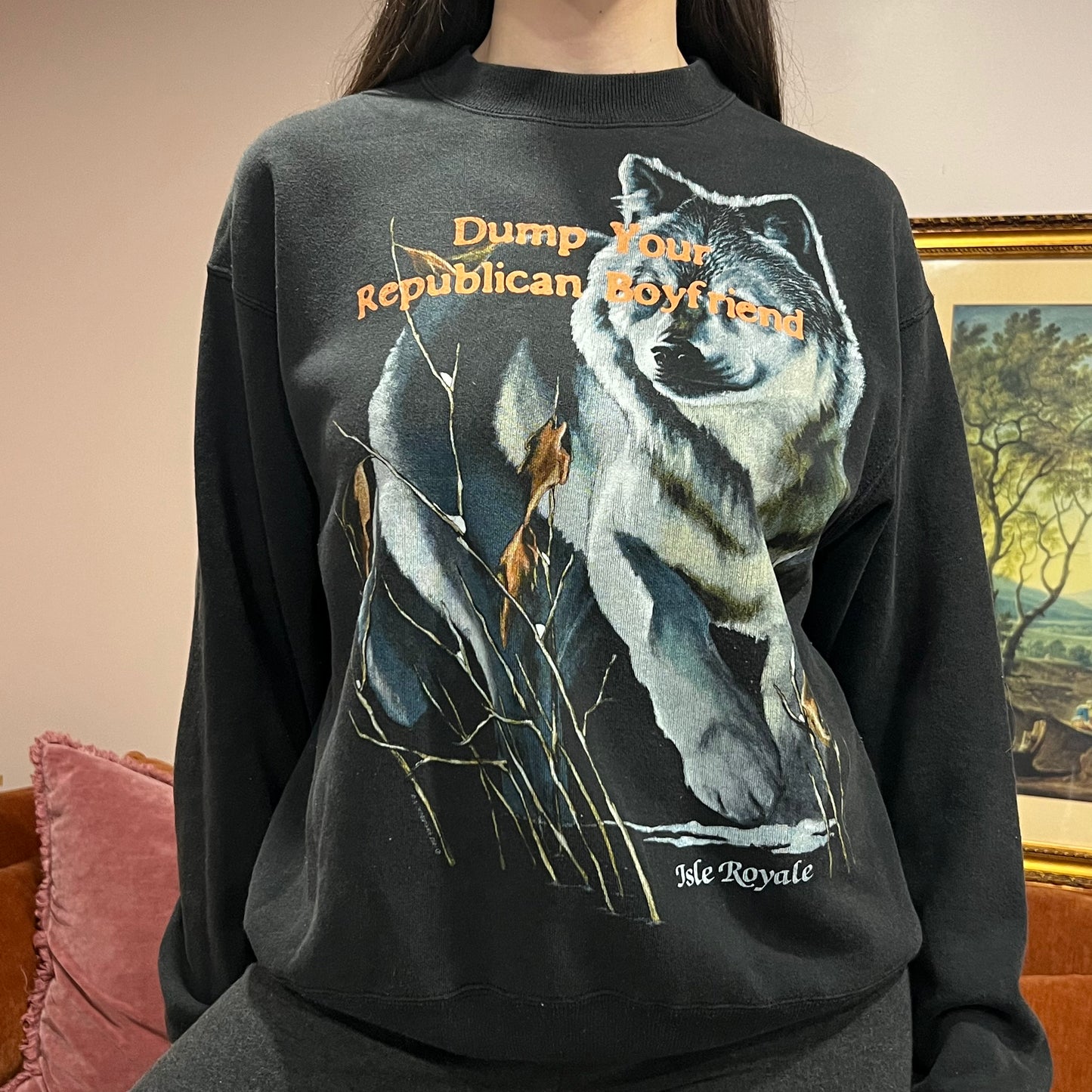DUMP YOUR REPUBLICAN BOYFRIEND animal crewneck with orange text (L)