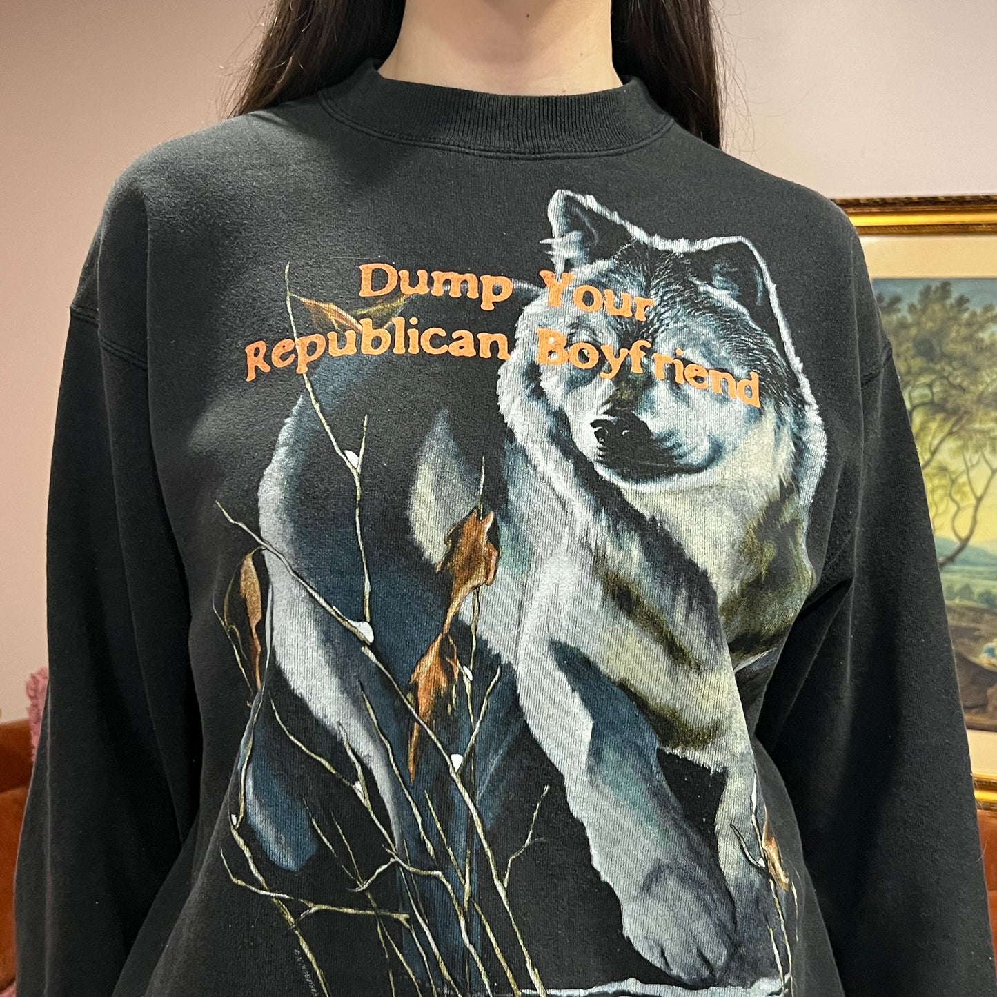 DUMP YOUR REPUBLICAN BOYFRIEND animal crewneck with orange text (L)