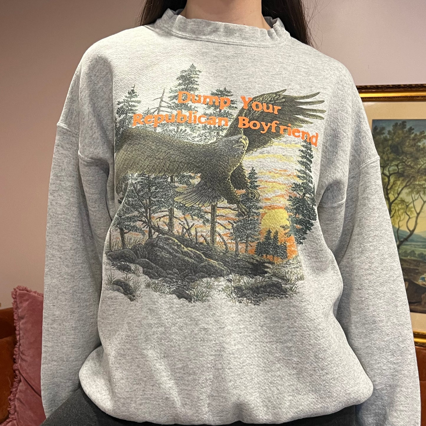 DUMP YOUR REPUBLICAN BOYFRIEND animal crewneck with orange text (XL)