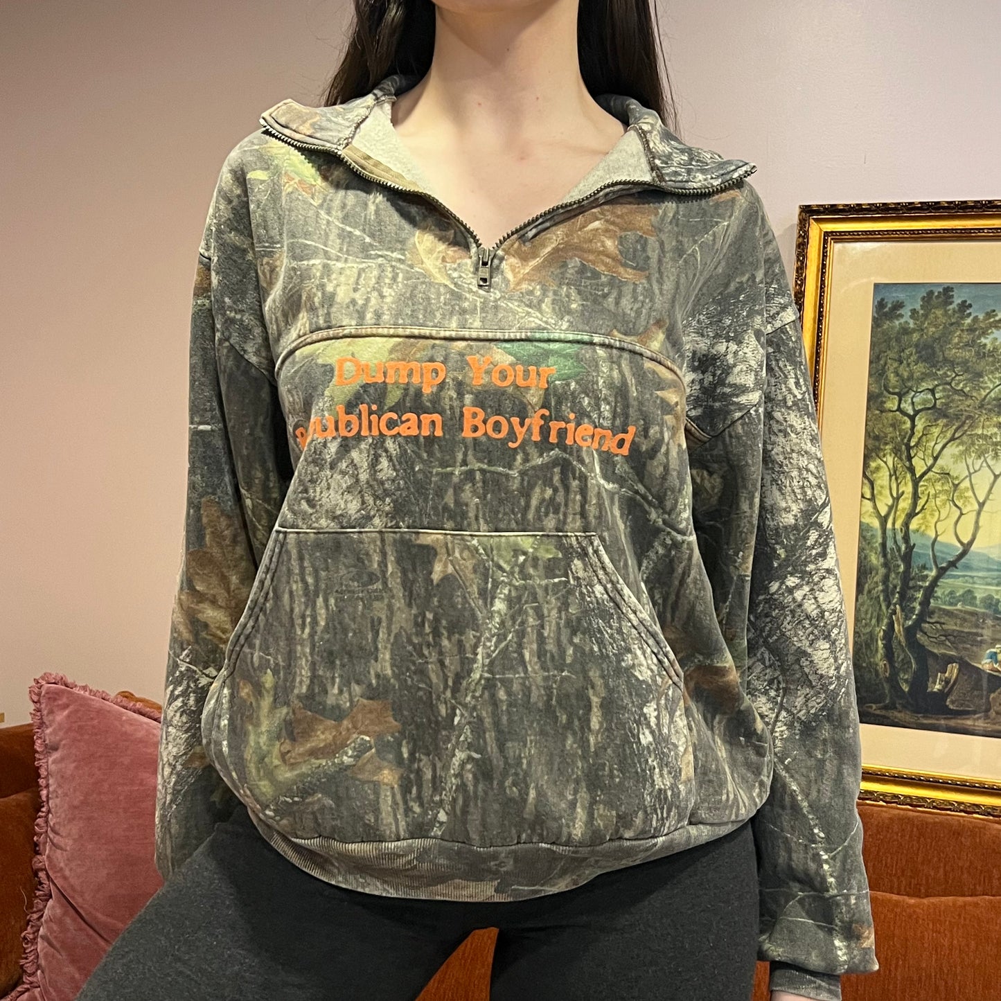 DUMP YOUR REPUBLICAN BOYFRIEND camo zip-up with orange text (XL)