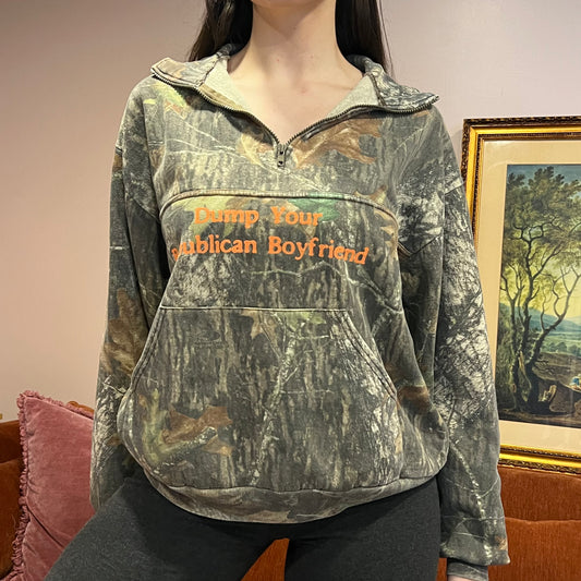 DUMP YOUR REPUBLICAN BOYFRIEND camo zip-up with orange text (XL)