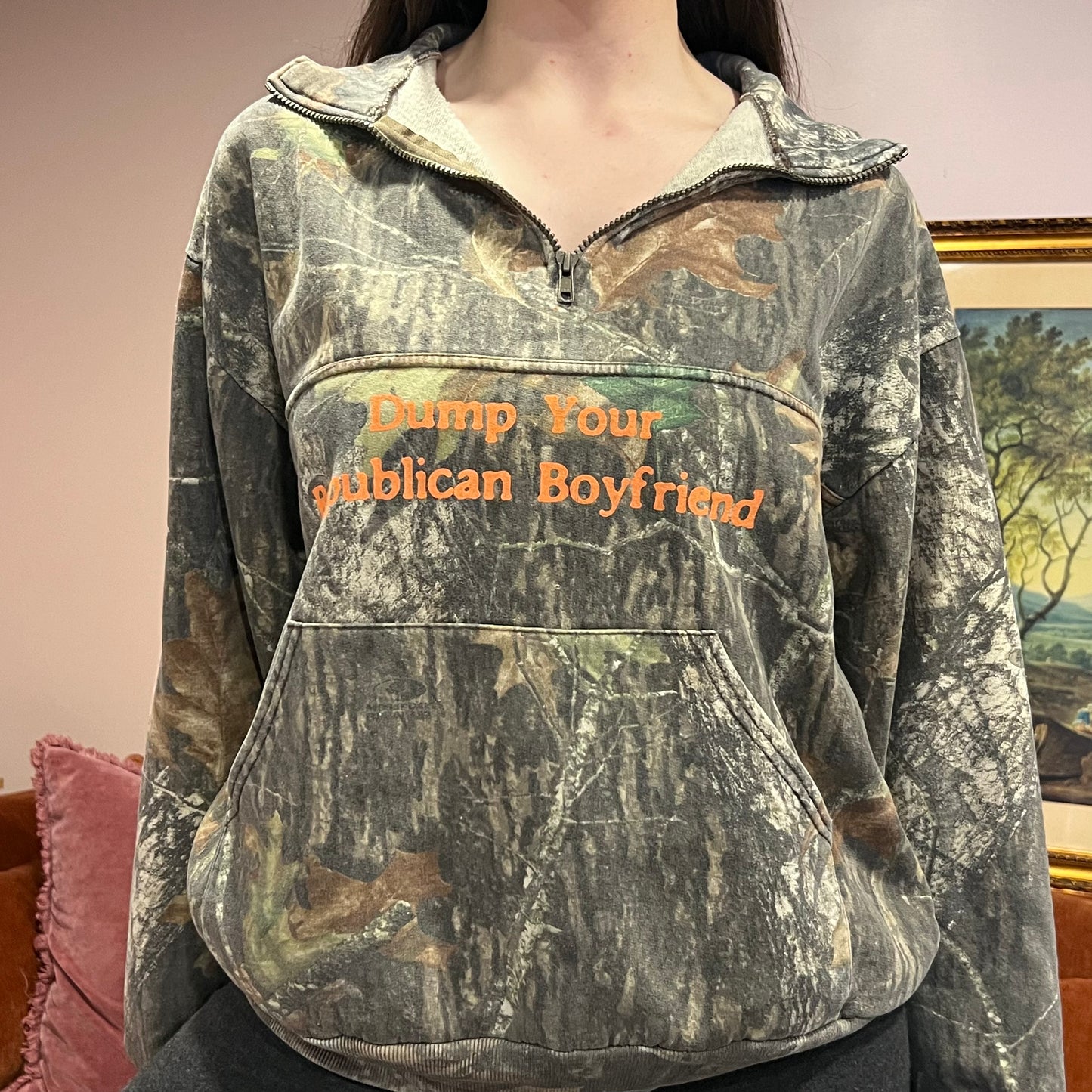 DUMP YOUR REPUBLICAN BOYFRIEND camo zip-up with orange text (XL)