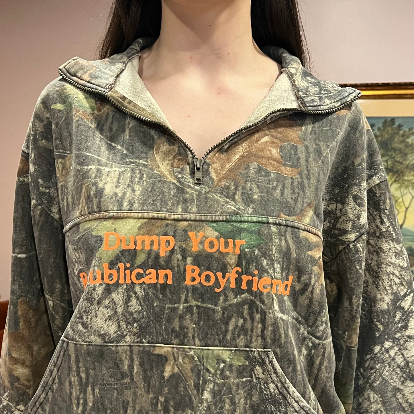 DUMP YOUR REPUBLICAN BOYFRIEND camo zip-up with orange text (XL)