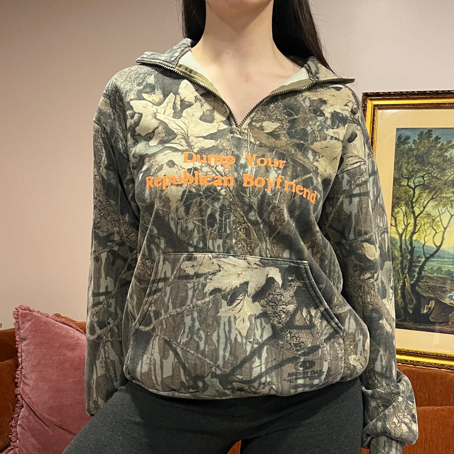 DUMP YOUR REPUBLICAN BOYFRIEND camo zip-up with orange text (XL)