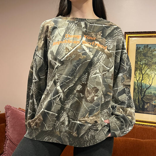 DUMP YOUR REPUBLICAN BOYFRIEND camo crewneck with orange text (3XL)