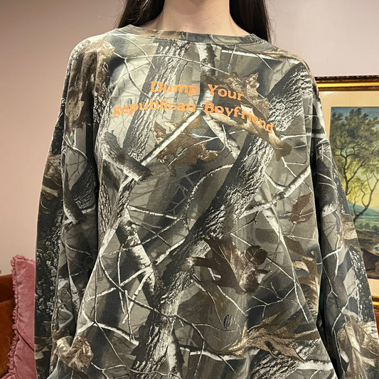DUMP YOUR REPUBLICAN BOYFRIEND camo crewneck with orange text (3XL)