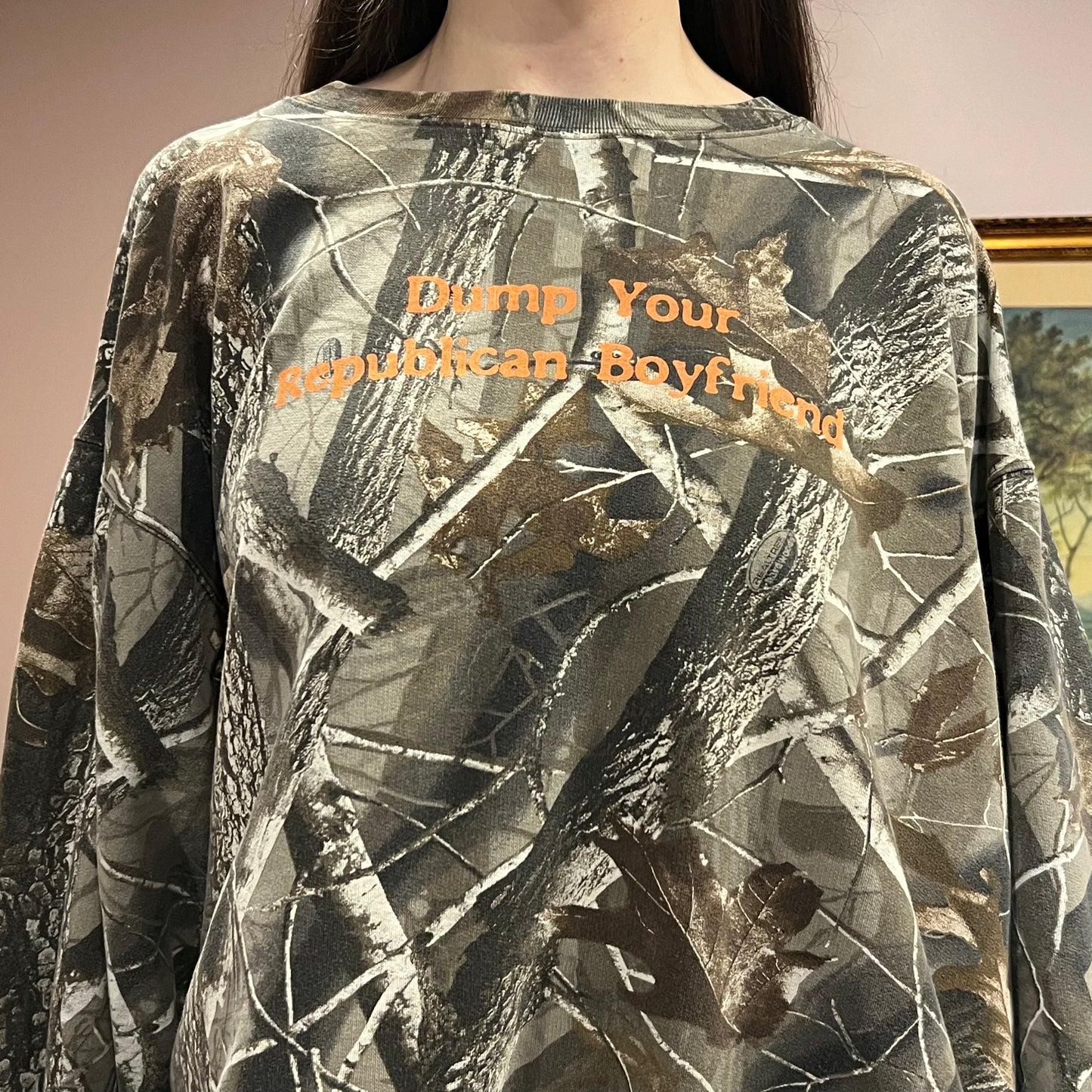 DUMP YOUR REPUBLICAN BOYFRIEND camo crewneck with orange text (3XL)