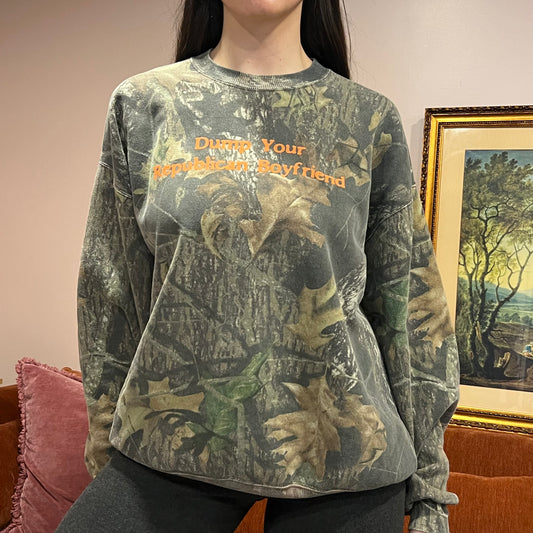 DUMP YOUR REPUBLICAN BOYFRIEND camo crewneck with orange text (XL)