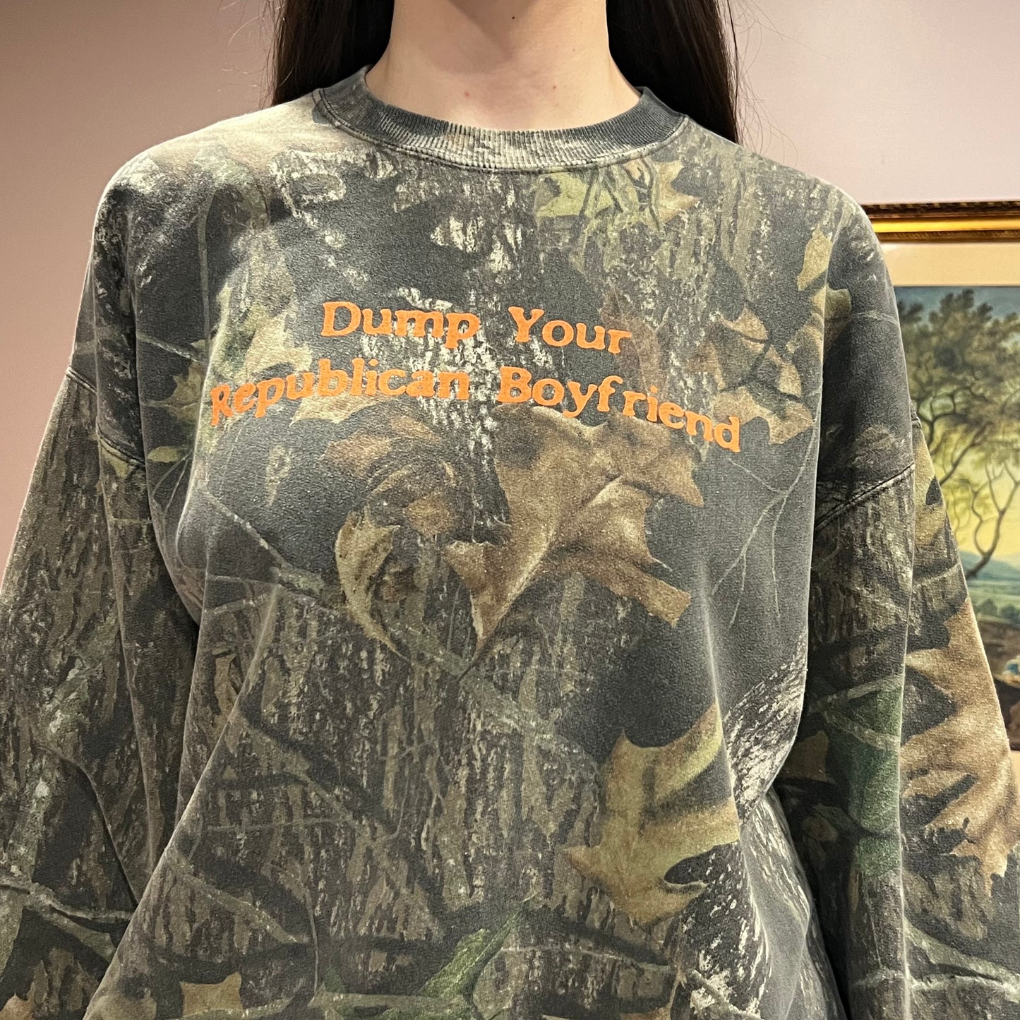 DUMP YOUR REPUBLICAN BOYFRIEND camo crewneck with orange text (XL)