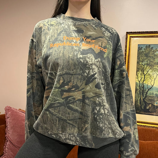 DUMP YOUR REPUBLICAN BOYFRIEND camo crewneck with orange text (L)