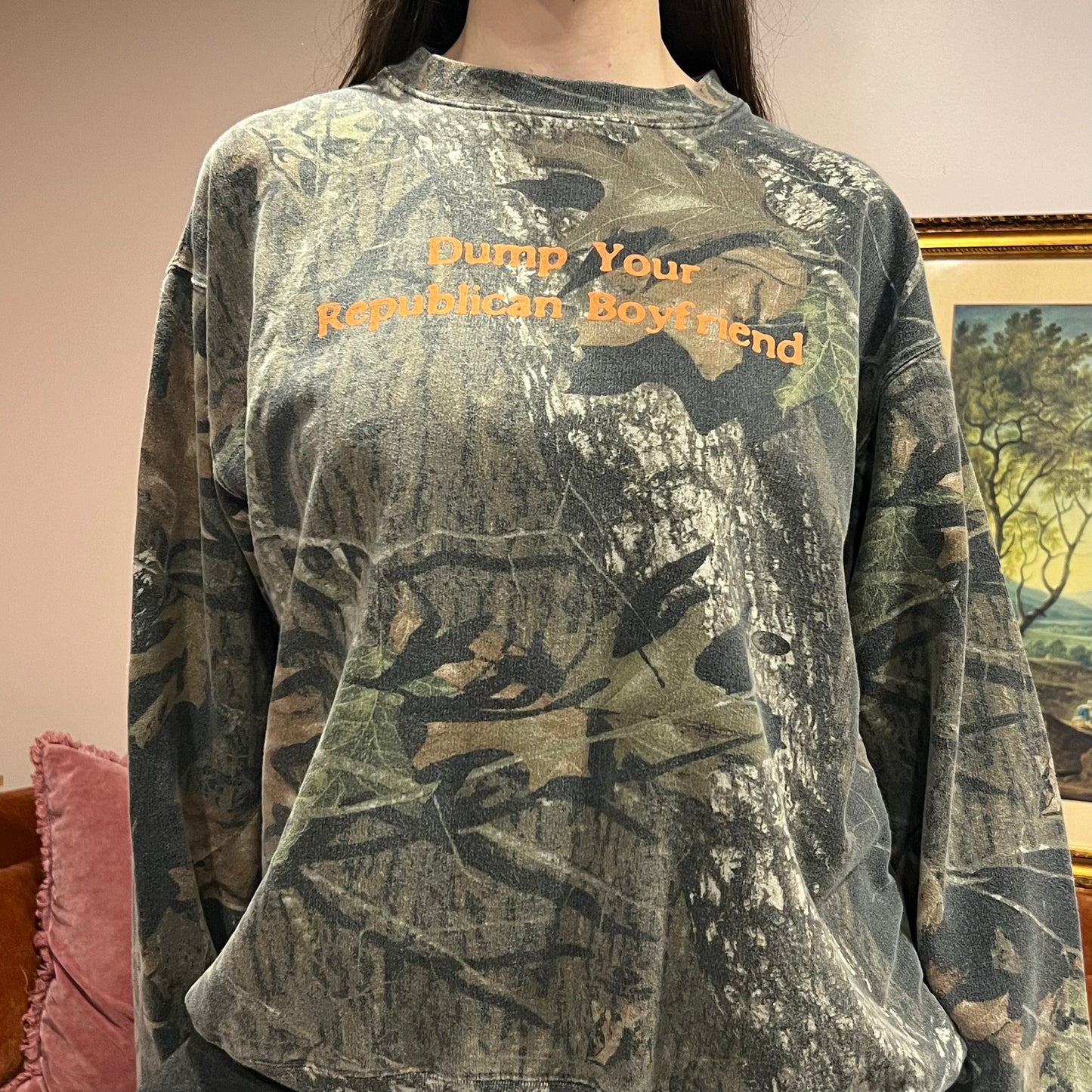 DUMP YOUR REPUBLICAN BOYFRIEND camo crewneck with orange text (L)