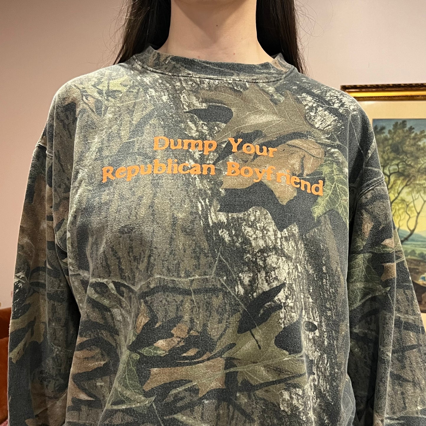 DUMP YOUR REPUBLICAN BOYFRIEND camo crewneck with orange text (L)