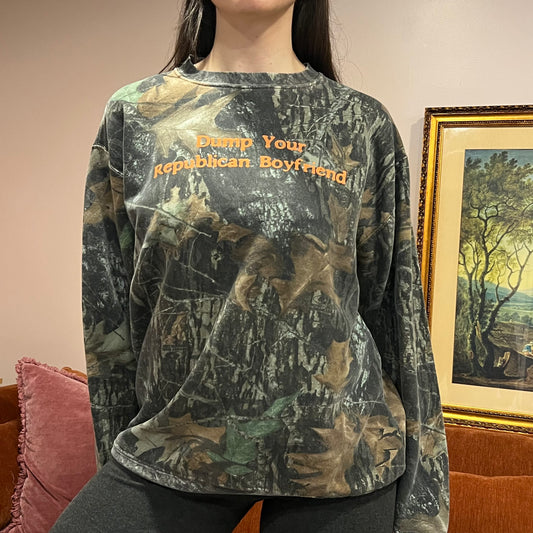 DUMP YOUR REPUBLICAN BOYFRIEND camo crewneck with orange text (XL)