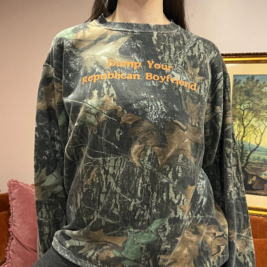 DUMP YOUR REPUBLICAN BOYFRIEND camo crewneck with orange text (XL)