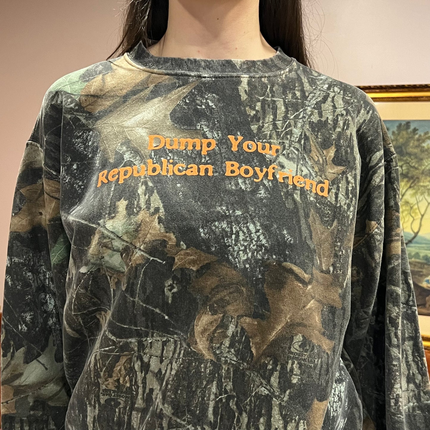 DUMP YOUR REPUBLICAN BOYFRIEND camo crewneck with orange text (XL)
