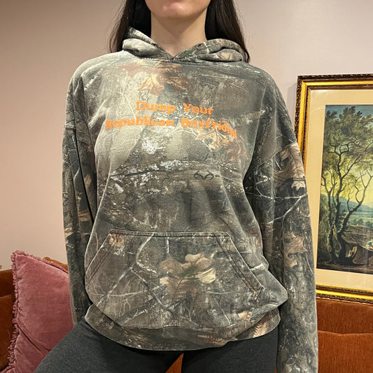 DUMP YOUR REPUBLICAN BOYFRIEND camo hoodie with orange text (L)