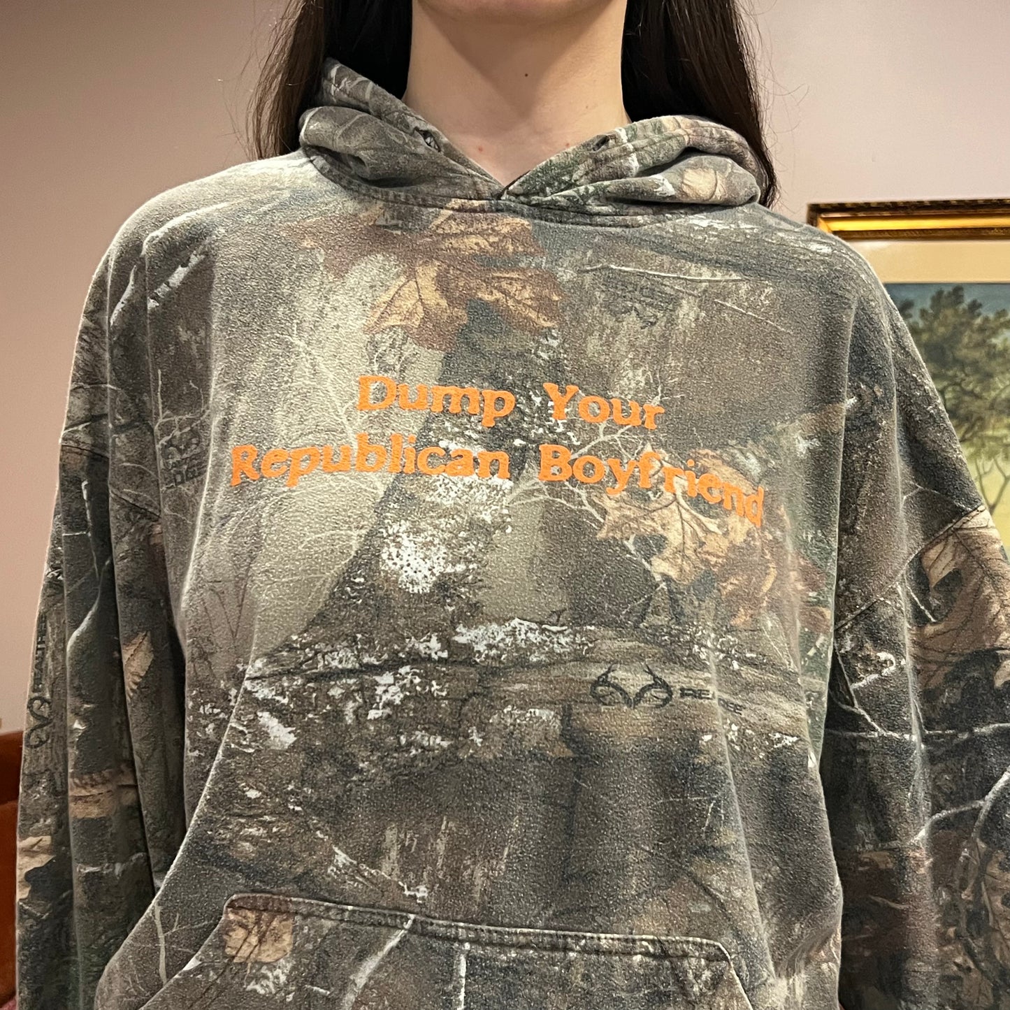 DUMP YOUR REPUBLICAN BOYFRIEND camo hoodie with orange text (L)