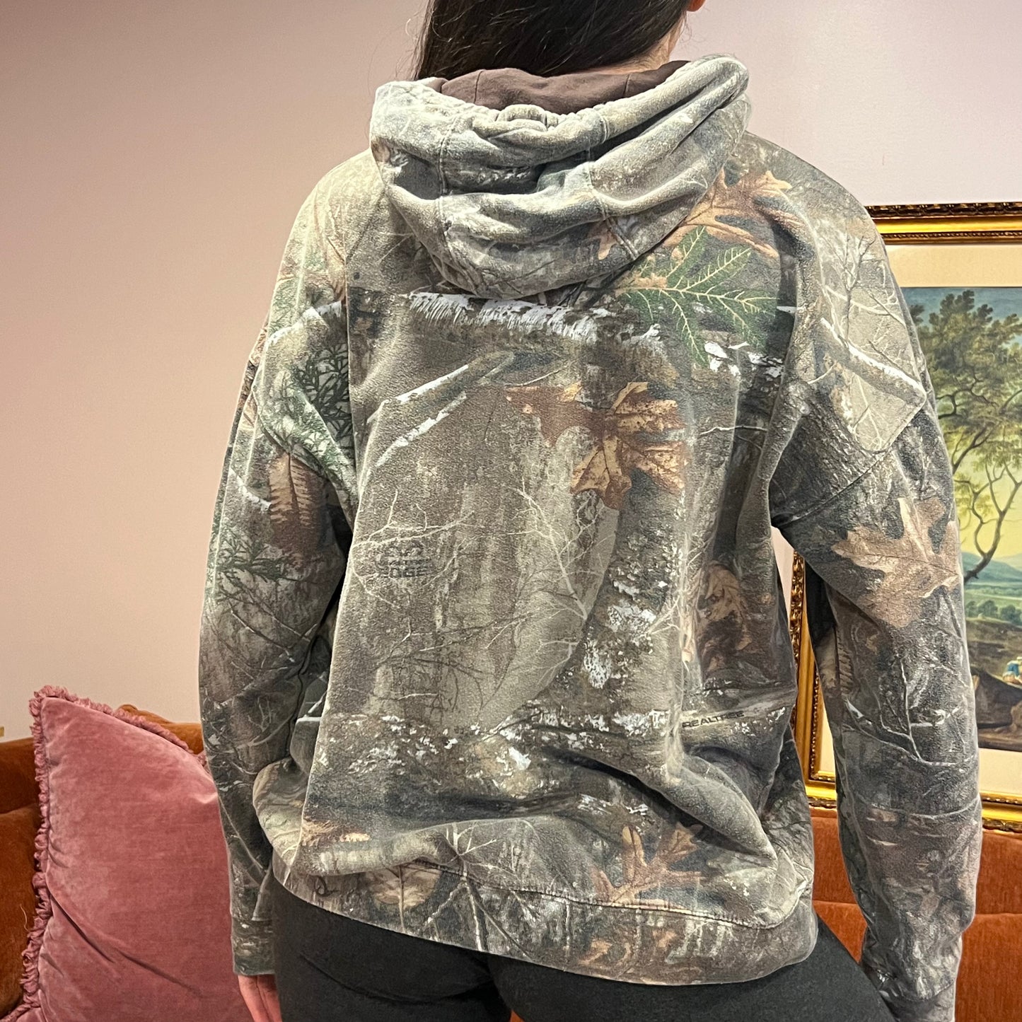DUMP YOUR REPUBLICAN BOYFRIEND camo hoodie with orange text (L)
