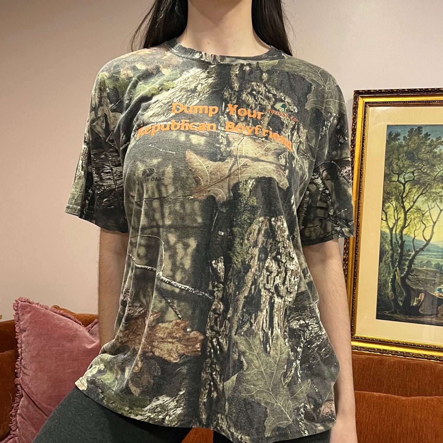 DUMP YOUR REPUBLICAN BOYFRIEND camo t-shirt with orange text (XL)
