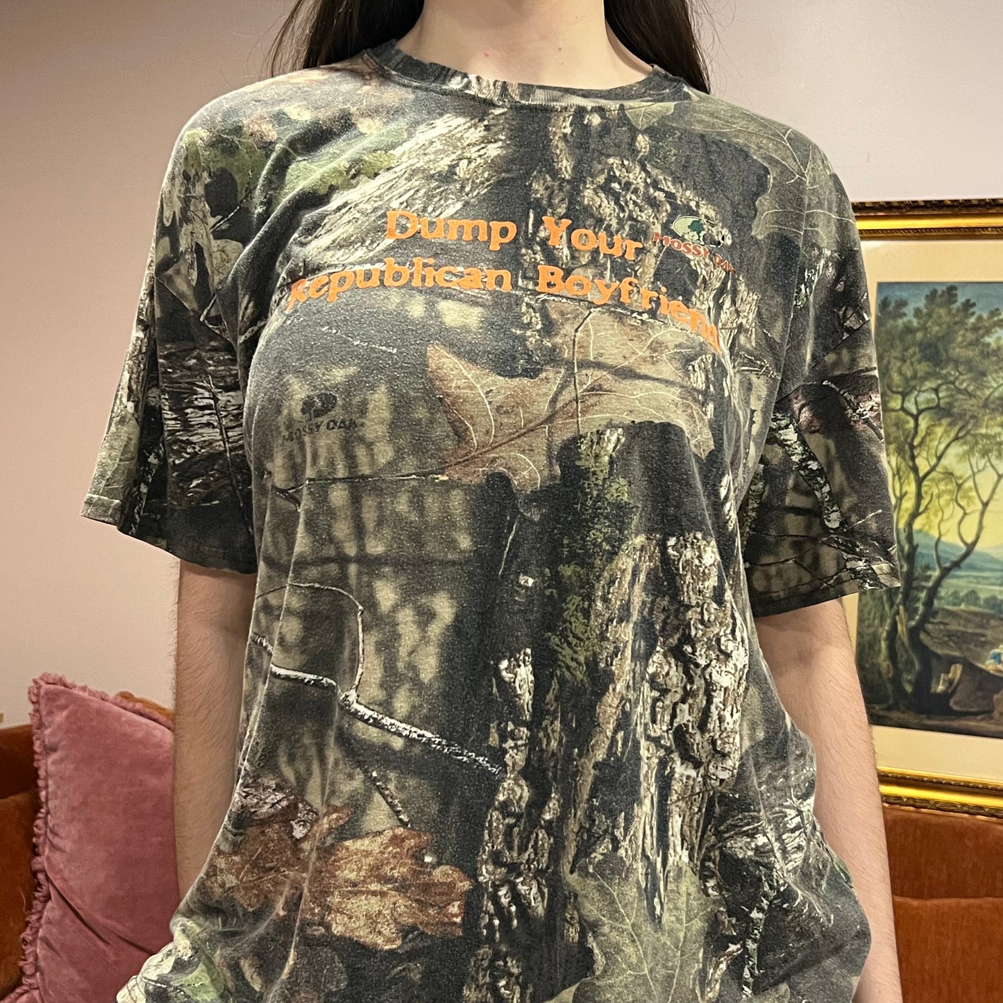 DUMP YOUR REPUBLICAN BOYFRIEND camo t-shirt with orange text (XL)