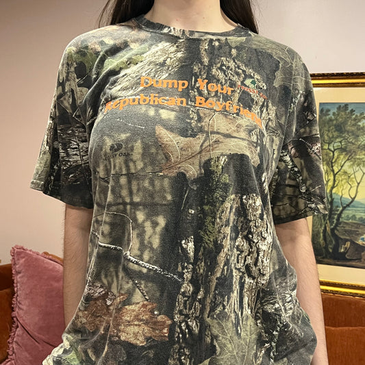 DUMP YOUR REPUBLICAN BOYFRIEND camo t-shirt with orange text (XL)