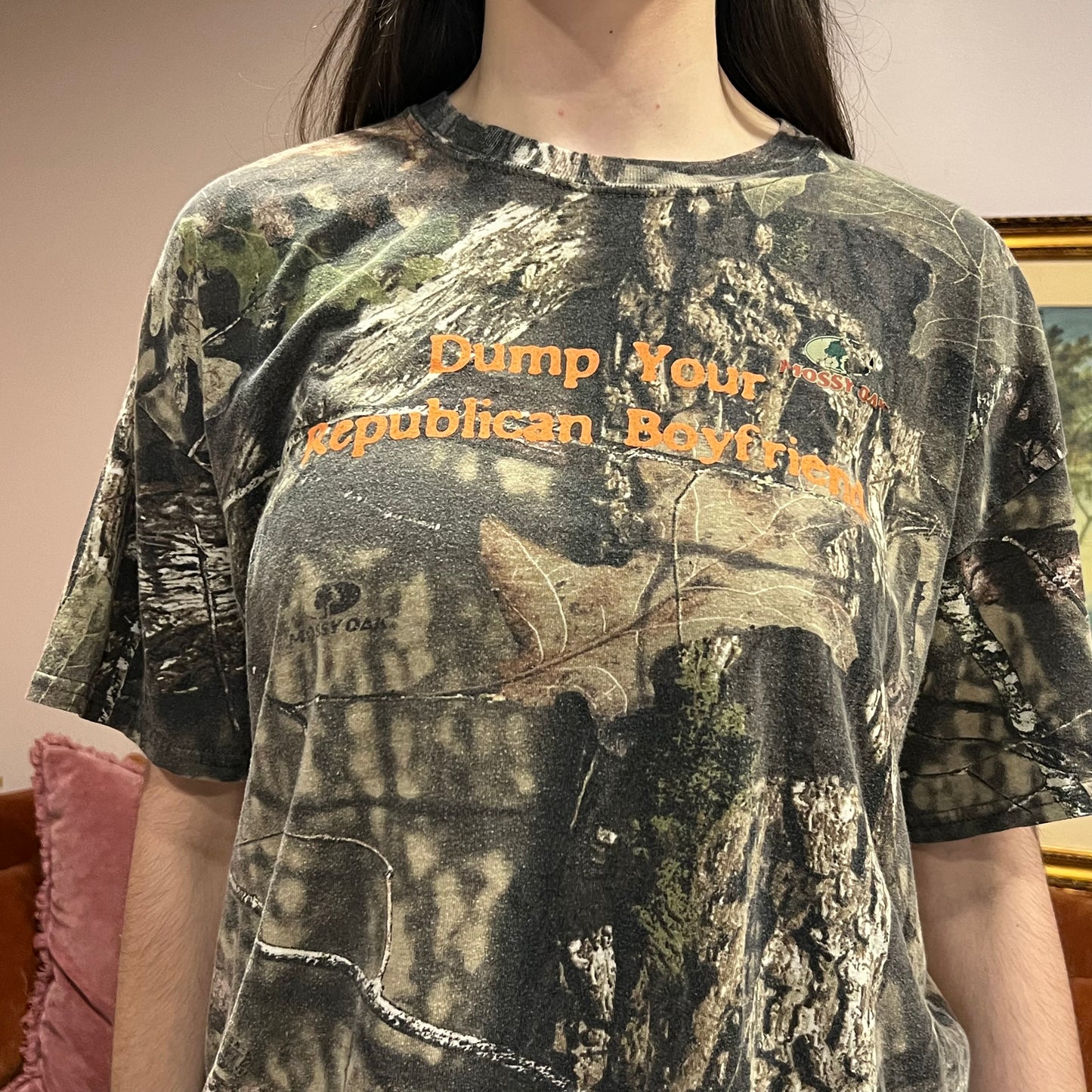DUMP YOUR REPUBLICAN BOYFRIEND camo t-shirt with orange text (XL)
