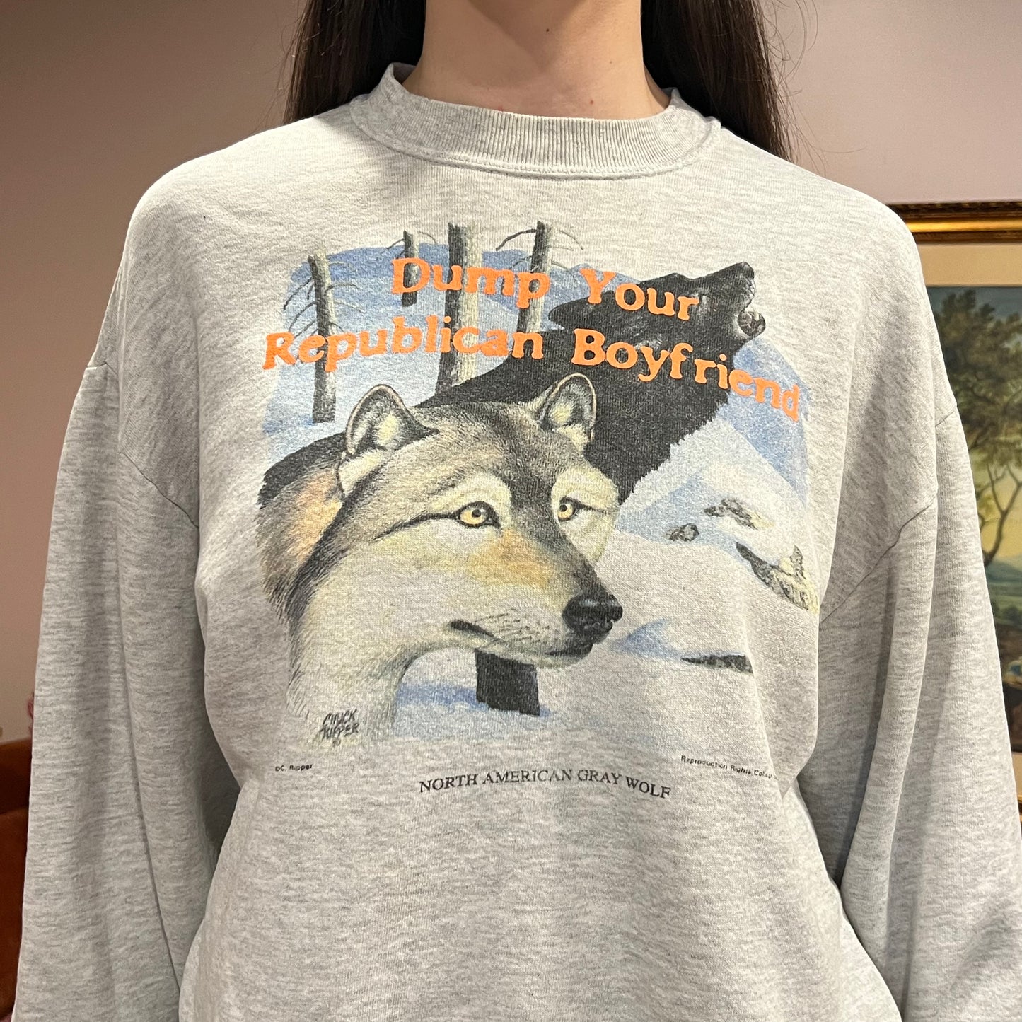 DUMP YOUR REPUBLICAN BOYFRIEND animal crewneck with orange text (L)