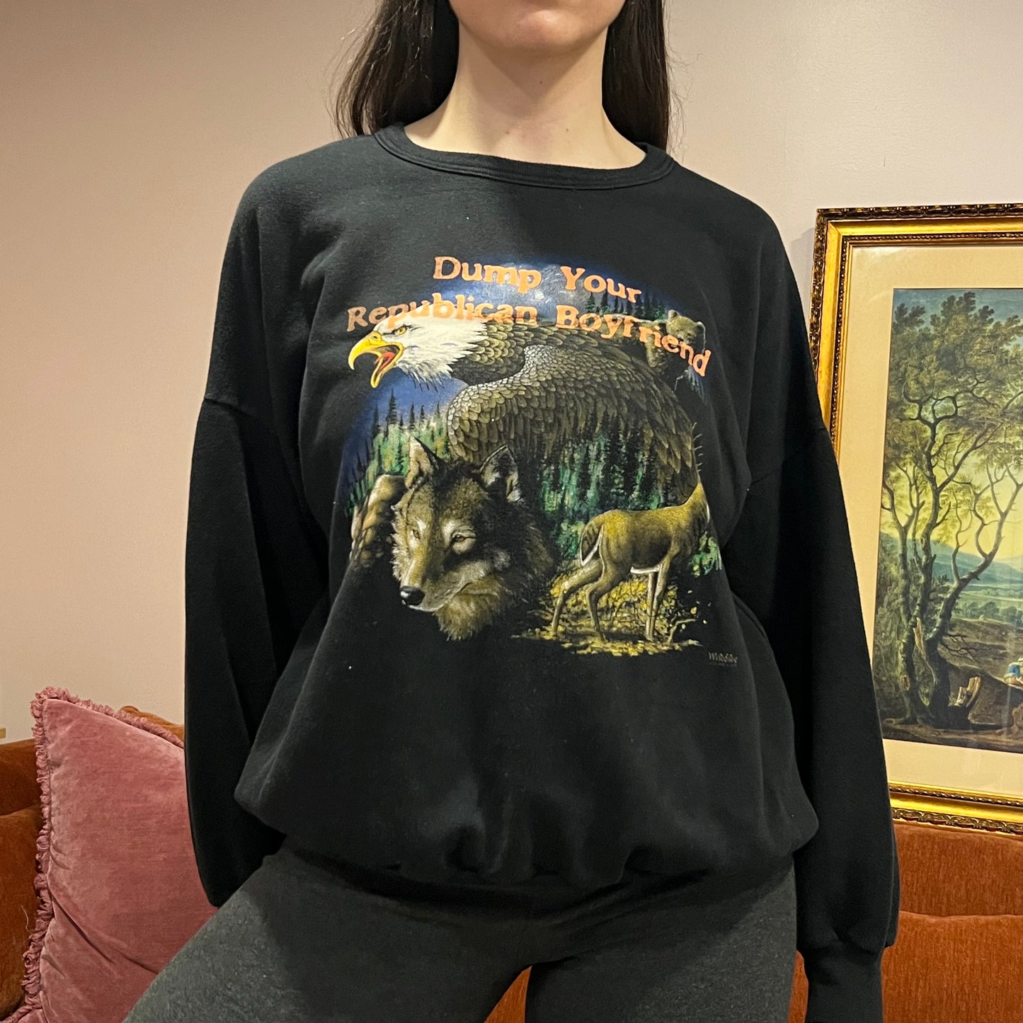 DUMP YOUR REPUBLICAN BOYFRIEND animal crewneck with orange text (XL)