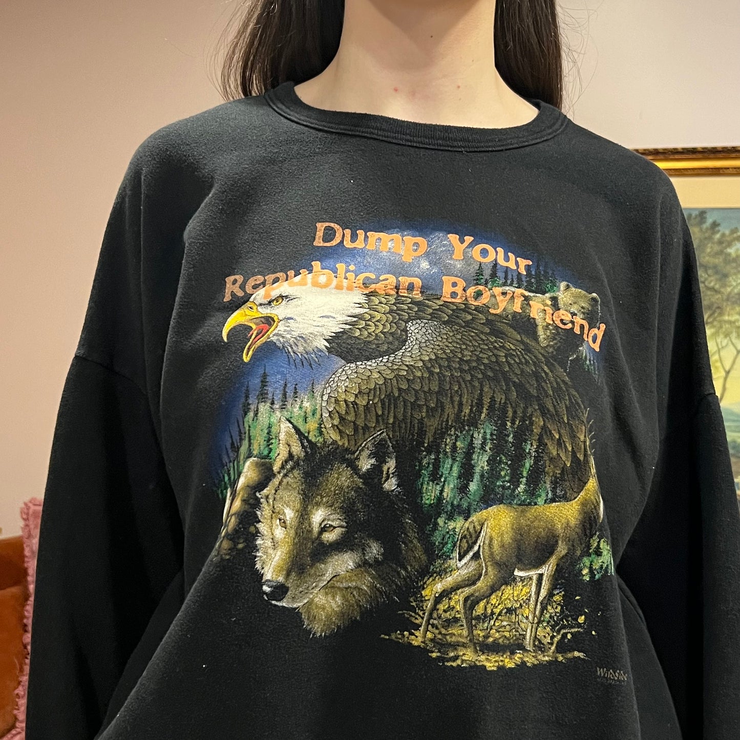 DUMP YOUR REPUBLICAN BOYFRIEND animal crewneck with orange text (XL)